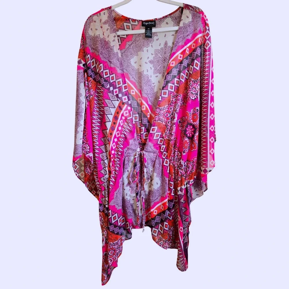 Maggie Barnes Pink Paisley Geometric Kimono Cover Up Drawstring Waist 3X
